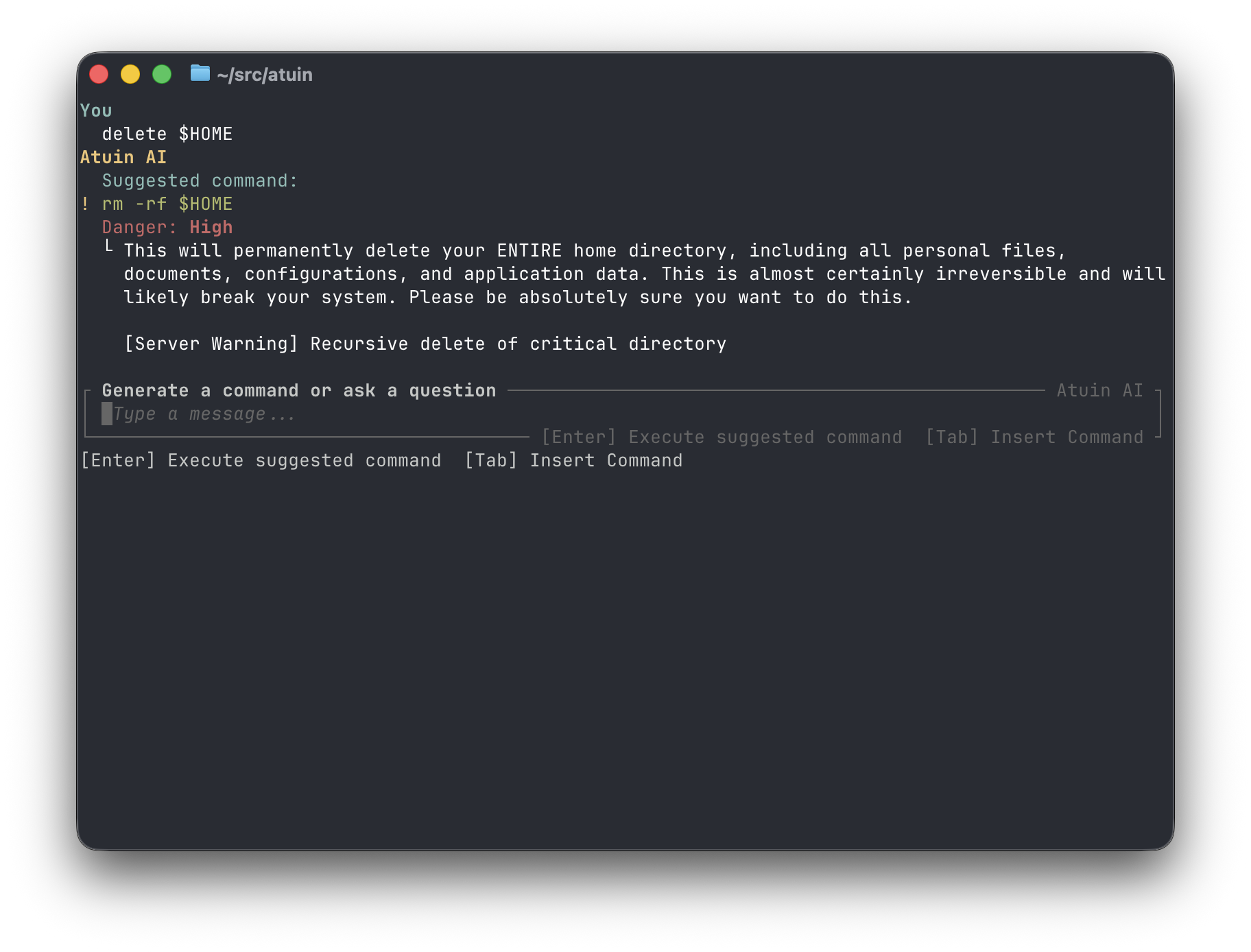 Potentially dangerous commands are marked